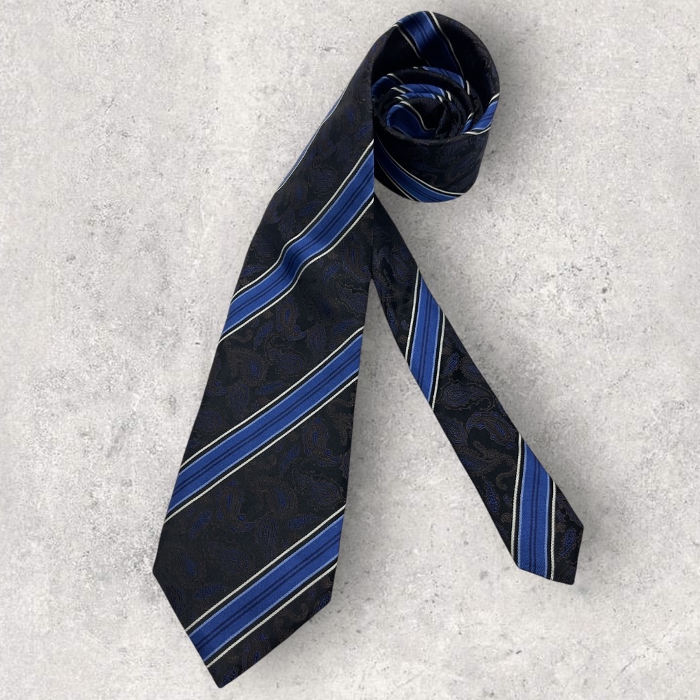 SERICA Black/Blue/Brown Striped Paisley Silk LUXURY Tie HANDMADE ITALY